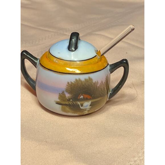 Morimura Porcelain Sugar Bowl, Lid & Glass Spoon Scenic design 2.75 in tall EUC - Picture 4 of 16